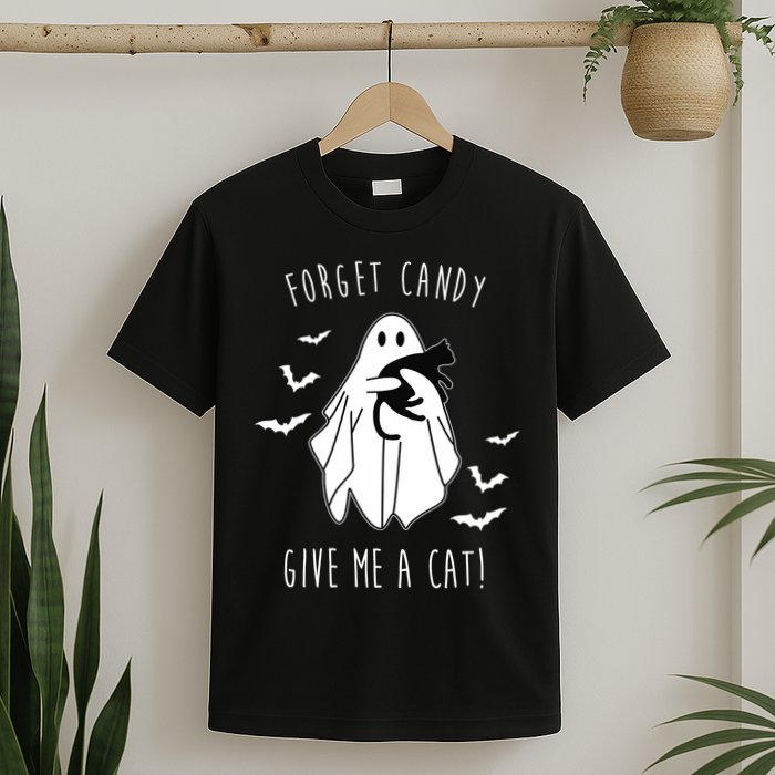 Funny Ghost Forget Candy Give Me A Cat Halloween T-Shirt