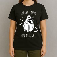 Funny Ghost Forget Candy Give Me A Cat Halloween T-Shirt
