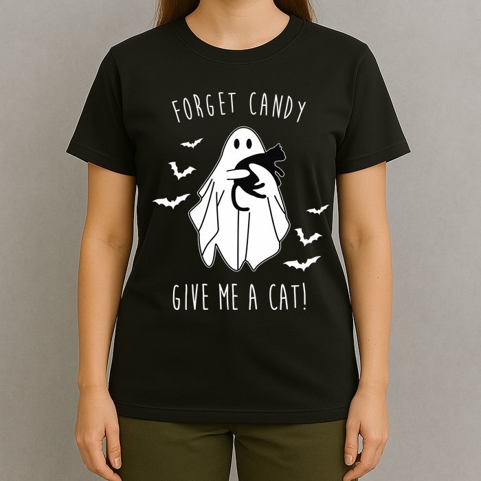 Funny Ghost Forget Candy Give Me A Cat Halloween T-Shirt