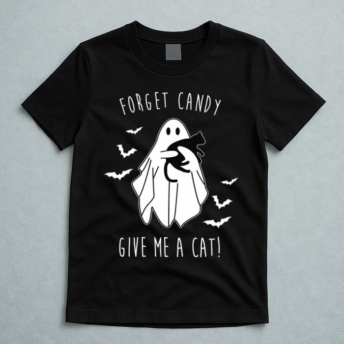 Funny Ghost Forget Candy Give Me A Cat Halloween T-Shirt