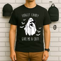 Funny Ghost Forget Candy Give Me A Cat Halloween T-Shirt