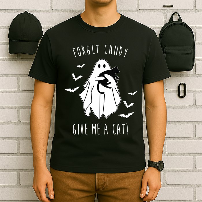 Funny Ghost Forget Candy Give Me A Cat Halloween T-Shirt