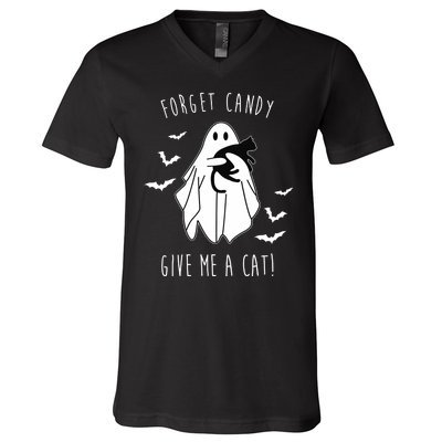 Funny Ghost Forget Candy Give Me A Cat Halloween V-Neck T-Shirt