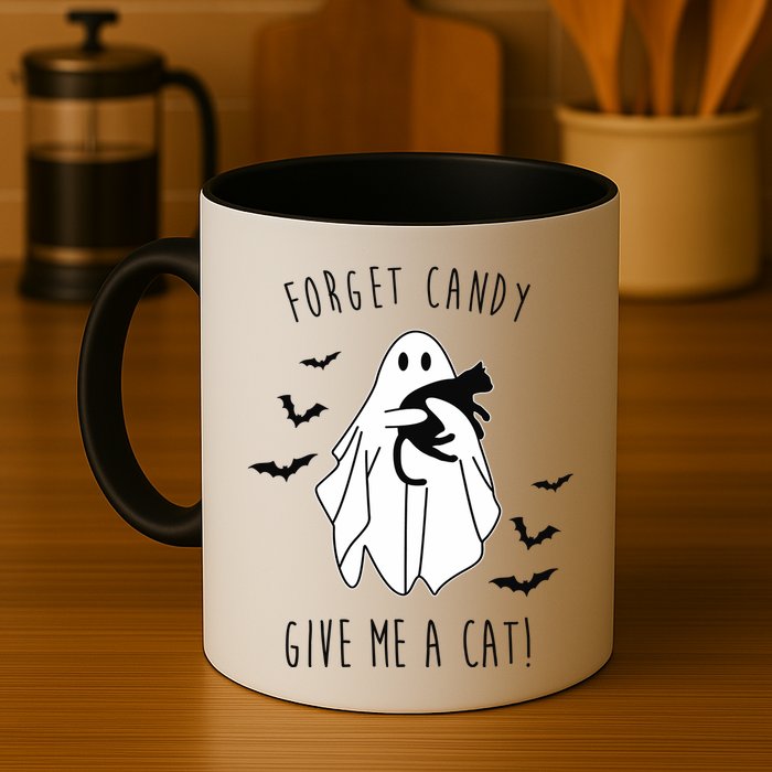 Funny Ghost Forget Candy Give Me A Cat Halloween Mug