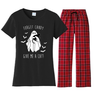 Funny Ghost Forget Candy Give Me A Cat Halloween Women's Flannel Pajama Set