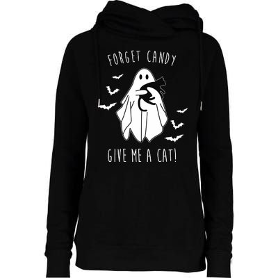 Funny Ghost Forget Candy Give Me A Cat Halloween Womens Funnel Neck Pullover Hood