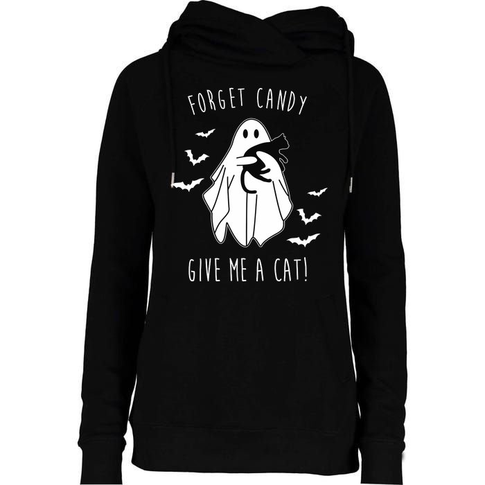 Funny Ghost Forget Candy Give Me A Cat Halloween Womens Funnel Neck Pullover Hood