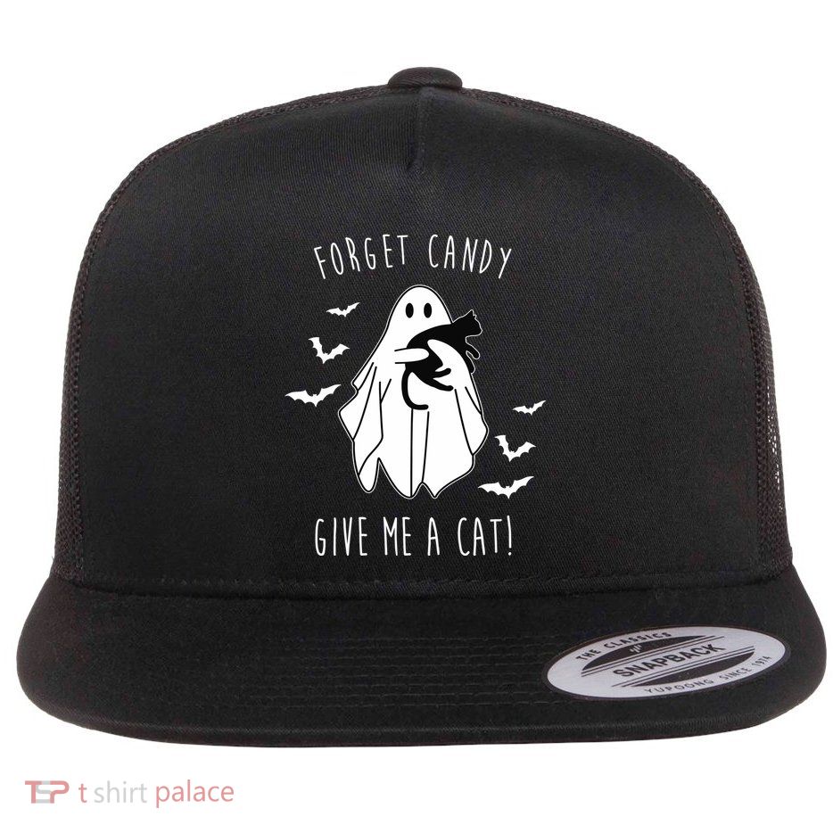 Funny Ghost Forget Candy Give Me A Cat Halloween Flat Bill Trucker Hat