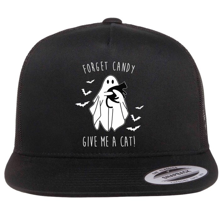 Funny Ghost Forget Candy Give Me A Cat Halloween Flat Bill Trucker Hat
