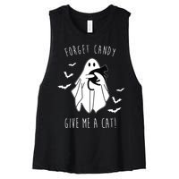 Funny Ghost Forget Candy Give Me A Cat Halloween Women's Racerback Cropped Tank