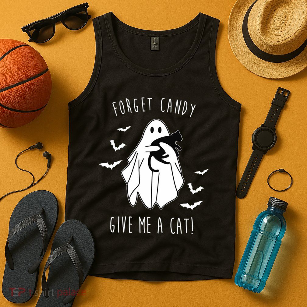 Funny Ghost Forget Candy Give Me A Cat Halloween Tank Top