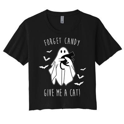 Funny Ghost Forget Candy Give Me A Cat Halloween Women's Crop Top Tee