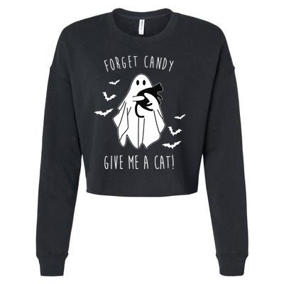 Funny Ghost Forget Candy Give Me A Cat Halloween Cropped Pullover Crew