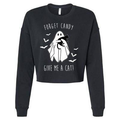 Funny Ghost Forget Candy Give Me A Cat Halloween Cropped Pullover Crew