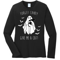 Funny Ghost Forget Candy Give Me A Cat Halloween Ladies Long Sleeve Shirt