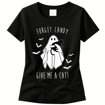 Funny Ghost Forget Candy Give Me A Cat Halloween Womens T-Shirt