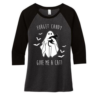 Funny Ghost Forget Candy Give Me A Cat Halloween Women's Tri-Blend 3/4-Sleeve Raglan Shirt