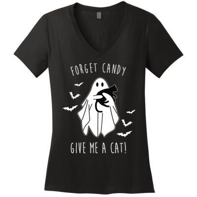 Funny Ghost Forget Candy Give Me A Cat Halloween Women's V-Neck T-Shirt