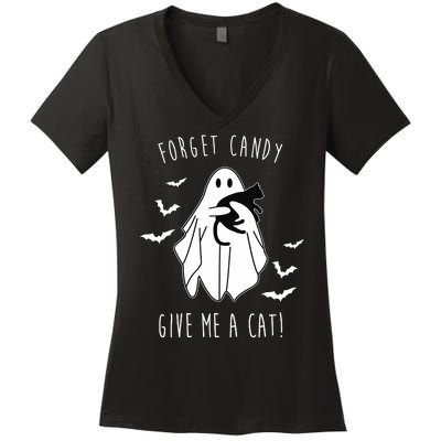 Funny Ghost Forget Candy Give Me A Cat Halloween Women's V-Neck T-Shirt