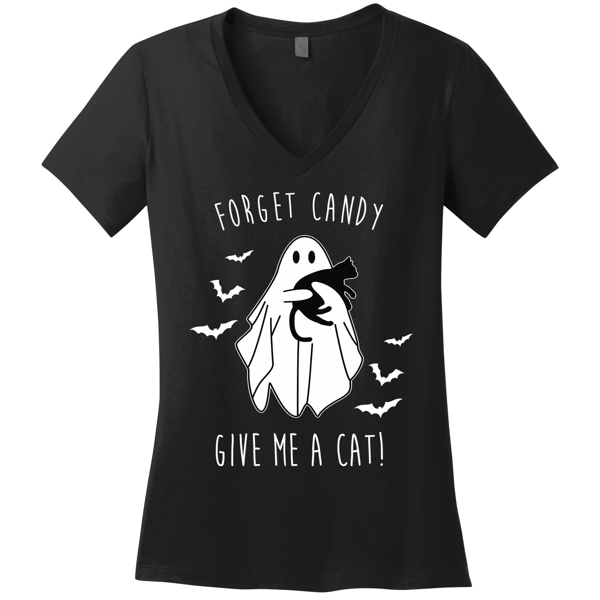 Funny Ghost Forget Candy Give Me A Cat Halloween Women's V-Neck T-Shirt