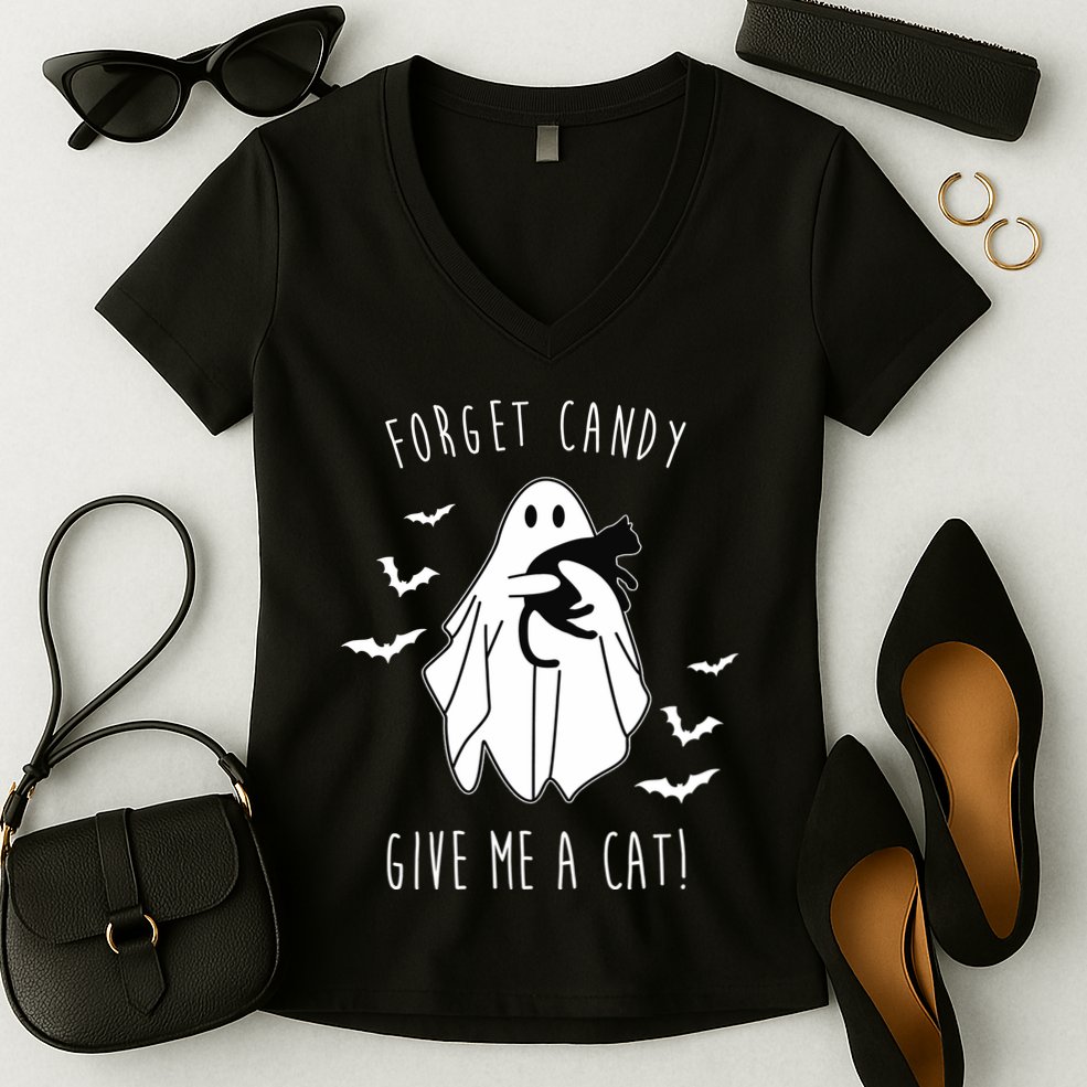 Funny Ghost Forget Candy Give Me A Cat Halloween Women's V-Neck T-Shirt
