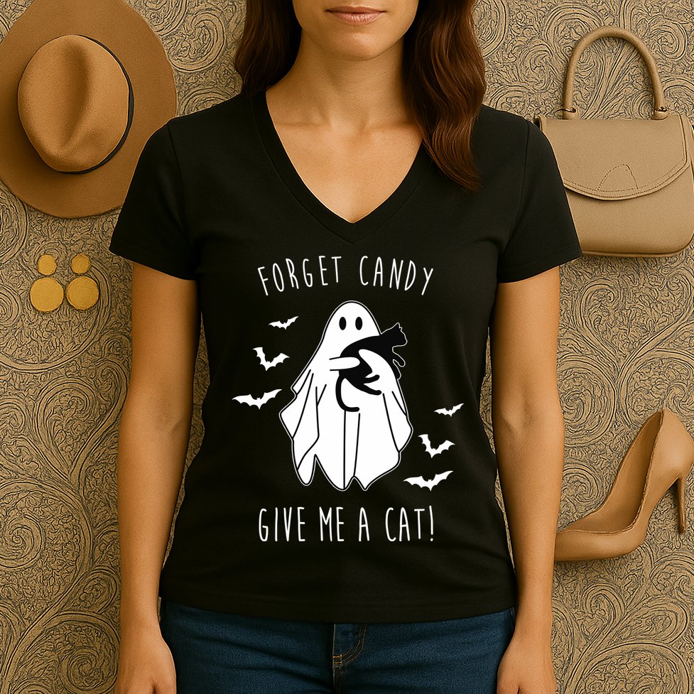 Funny Ghost Forget Candy Give Me A Cat Halloween Women's V-Neck T-Shirt