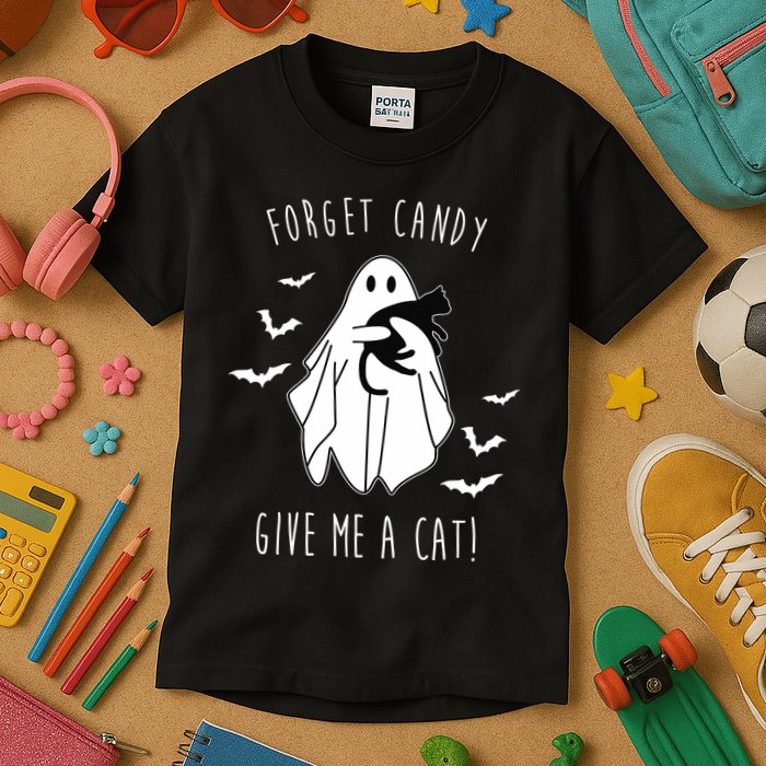 Funny Ghost Forget Candy Give Me A Cat Halloween Kids T-Shirt