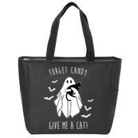 Funny Ghost Forget Candy Give Me A Cat Halloween Zip Tote Bag