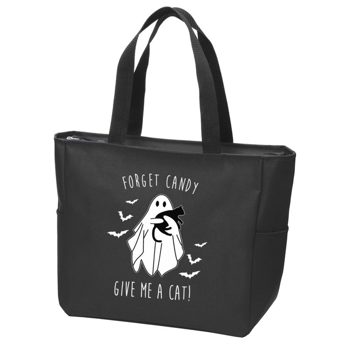 Funny Ghost Forget Candy Give Me A Cat Halloween Zip Tote Bag