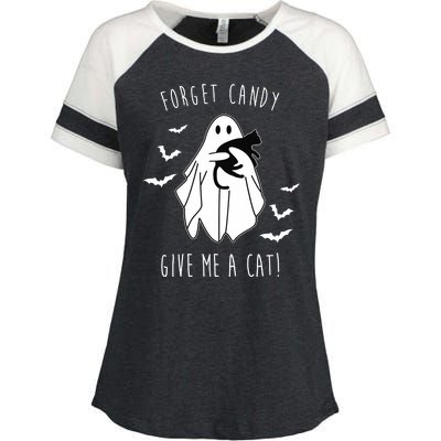 Funny Ghost Forget Candy Give Me A Cat Halloween Enza Ladies Jersey Colorblock Tee