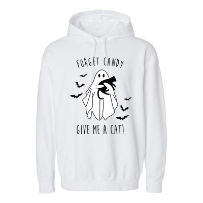 Funny Ghost Forget Candy Give Me A Cat Halloween Garment-Dyed Fleece Hoodie