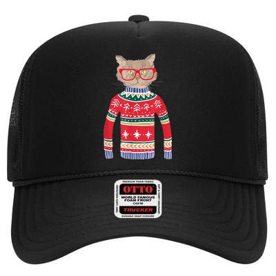 Funny Gift For Cat Lovers Ugly Christmas Sweater High Crown Mesh Back Trucker Hat