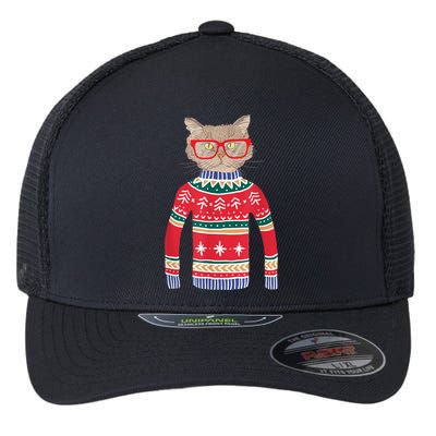 Funny Gift For Cat Lovers Ugly Christmas Sweater Flexfit Unipanel Trucker Cap