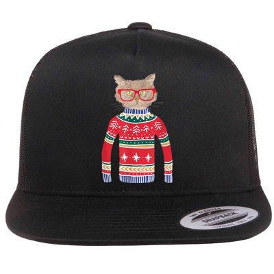 Funny Gift For Cat Lovers Ugly Christmas Sweater Flat Bill Trucker Hat