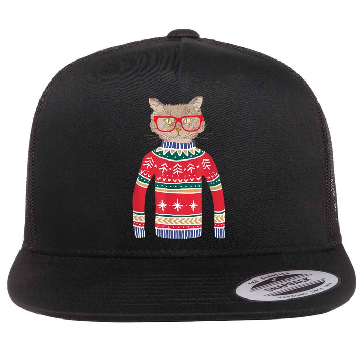 Funny Gift For Cat Lovers Ugly Christmas Sweater Flat Bill Trucker Hat