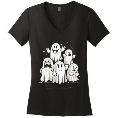 Funny Ghost Facial Expressions Spooky Halloween Women's V-Neck T-Shirt