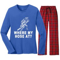 Firefighter Gift Fire Where My Hose At Gift Women's Long Sleeve Flannel Pajama Set 