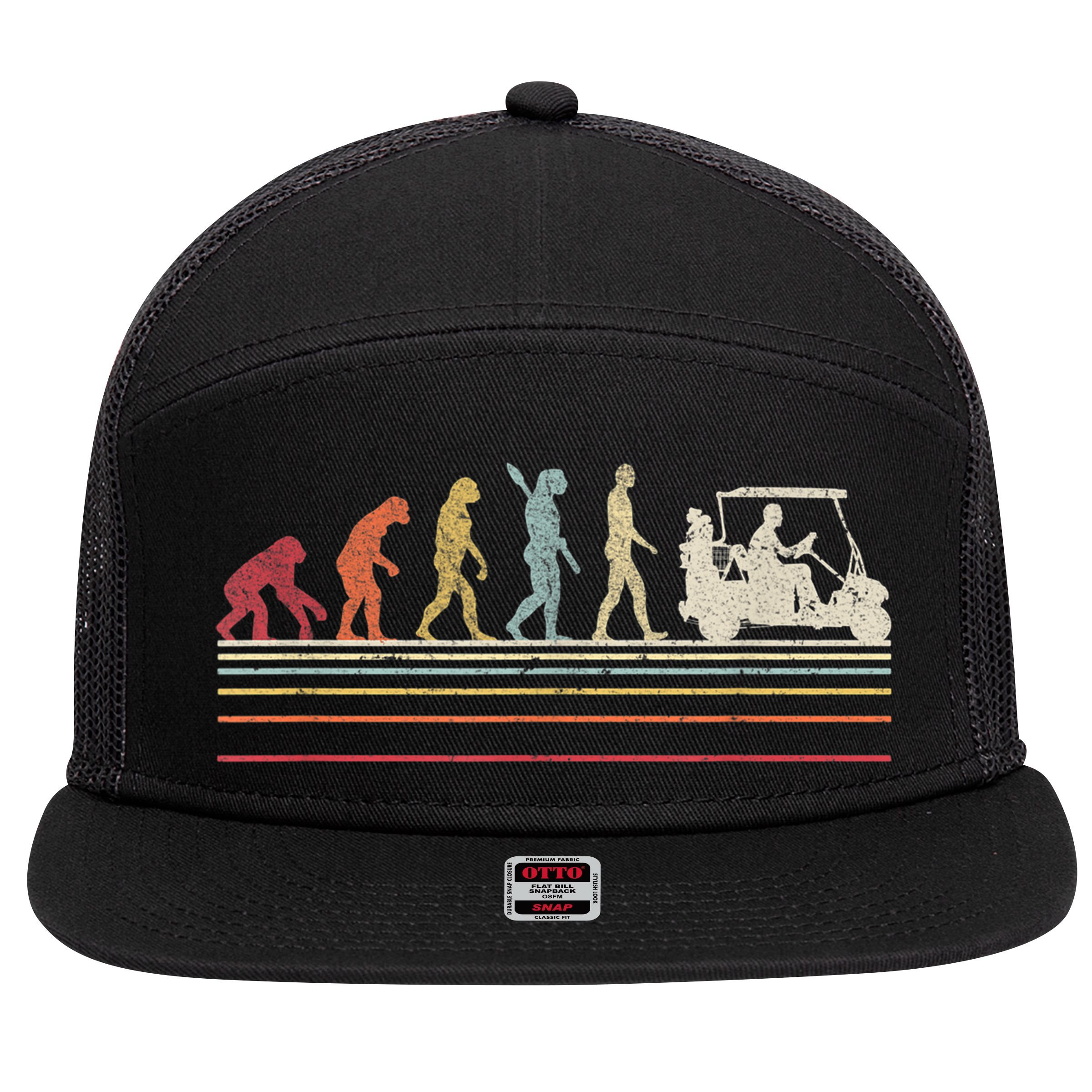 Funny Golf Gift Retro Style Evolution Of Man 7 Panel Mesh Trucker Snapback Hat