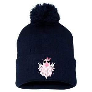 Funny Girly Ghost Blowing Halloween Pom Pom 12in Knit Beanie