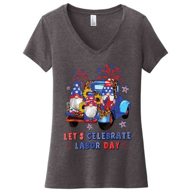 Funny Gnomes Gnomies Happy Labor Day Party American Flag Women's V-Neck T-Shirt