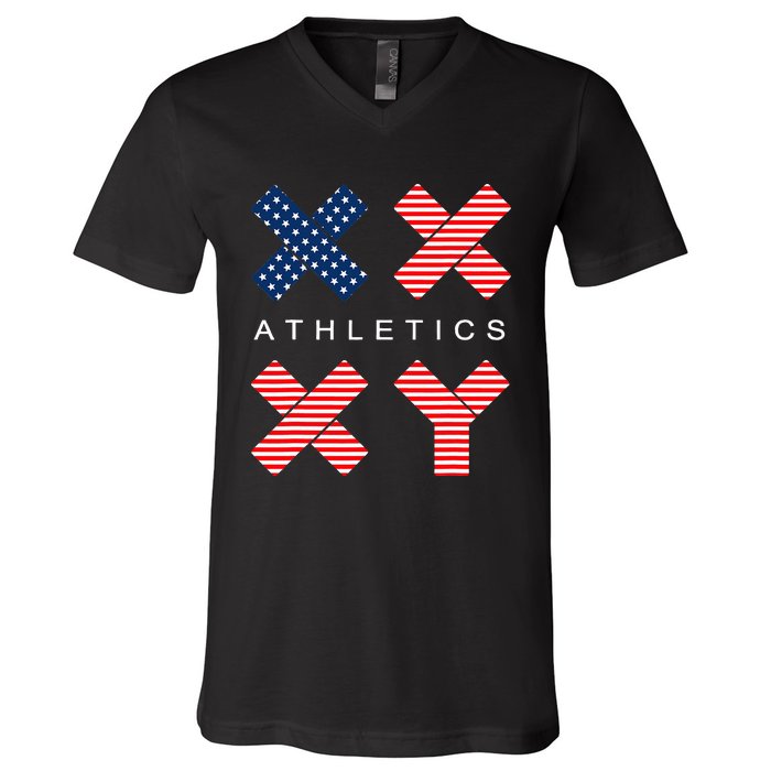 Funny Gender Genetic American Flag Xx Xy Athletics V-Neck T-Shirt