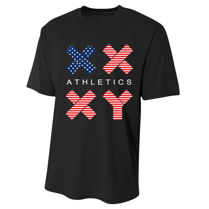 Funny Gender Genetic American Flag Xx Xy Athletics Performance Sprint T-Shirt