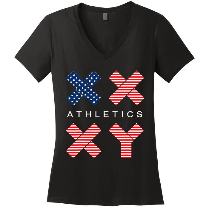 Funny Gender Genetic American Flag Xx Xy Athletics Women's V-Neck T-Shirt