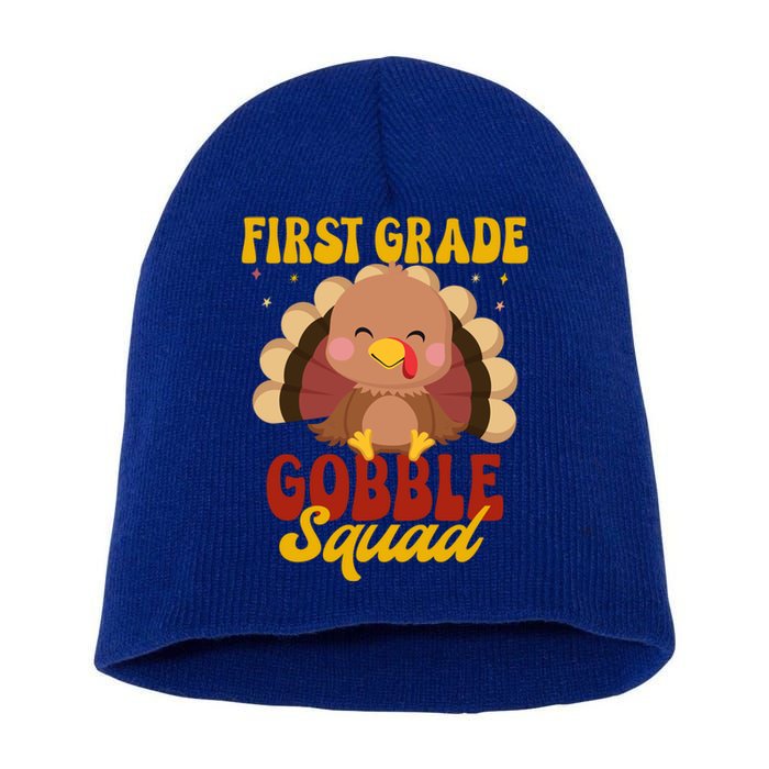 First Grade Gobble Squad Cute Turkey Thanksgiving Teacher Funny Gift Short Acrylic Beanie