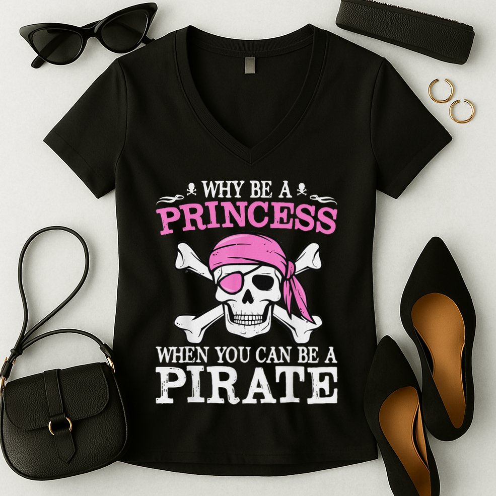 Funny Girl Gifts Why Be A Princess When You Can Be A Pirate Women's V-Neck T-Shirt