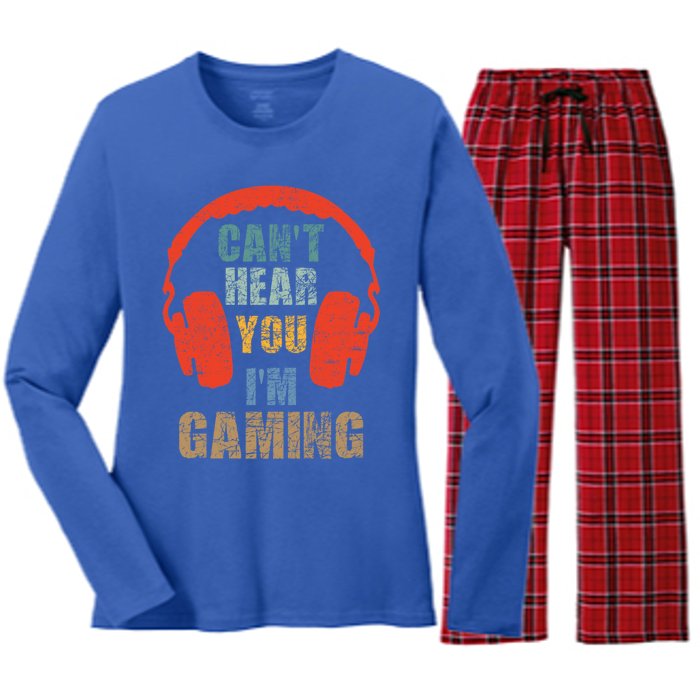 Funny Gamer Gift Headset Can't Hear You I'm Gaming Vintage Gift Women's Long Sleeve Flannel Pajama Set 