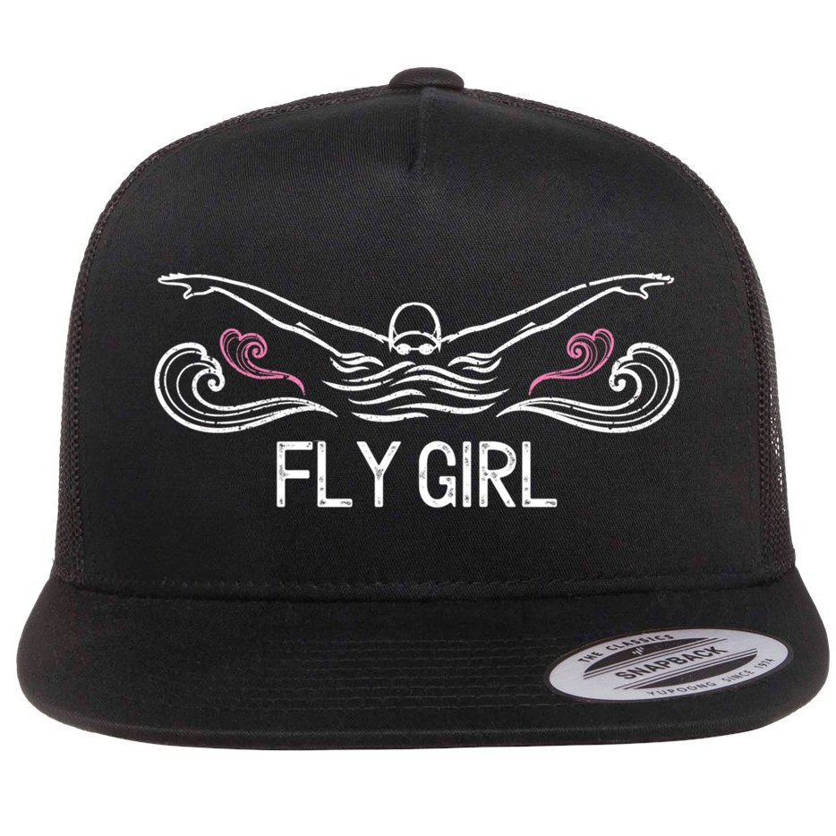 Fly Girl Gift Butterfly Swimming Funny Swim Team Gift Flat Bill Trucker Hat