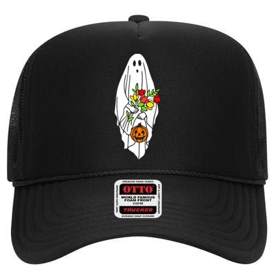 Floral Ghost Halloween Graphic High Crown Mesh Back Trucker Hat