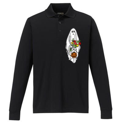 Floral Ghost Halloween Graphic Performance Long Sleeve Polo