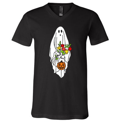 Floral Ghost Halloween Graphic V-Neck T-Shirt